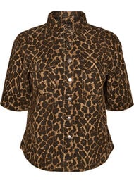 Denimskjorte med leopardm&oslash;nster og korte ermer, Brun