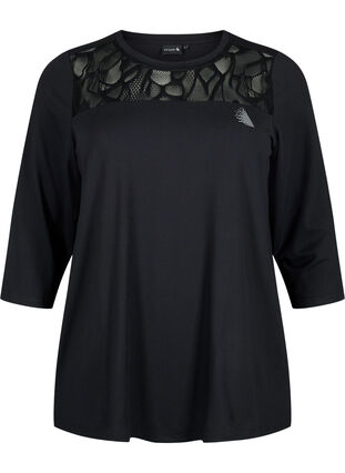 Trenings t-skjorte med 3/4-ermer og mønstret mesh, Black, Packshot image number 0