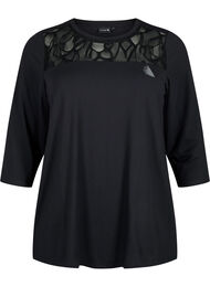 Trenings t-skjorte med 3/4-ermer og mønstret mesh, Black