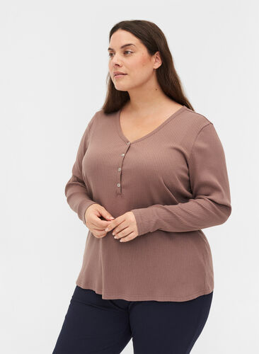 Langermet bluse i ribb med knappedetaljer, Deep Taupe, Model image number 0