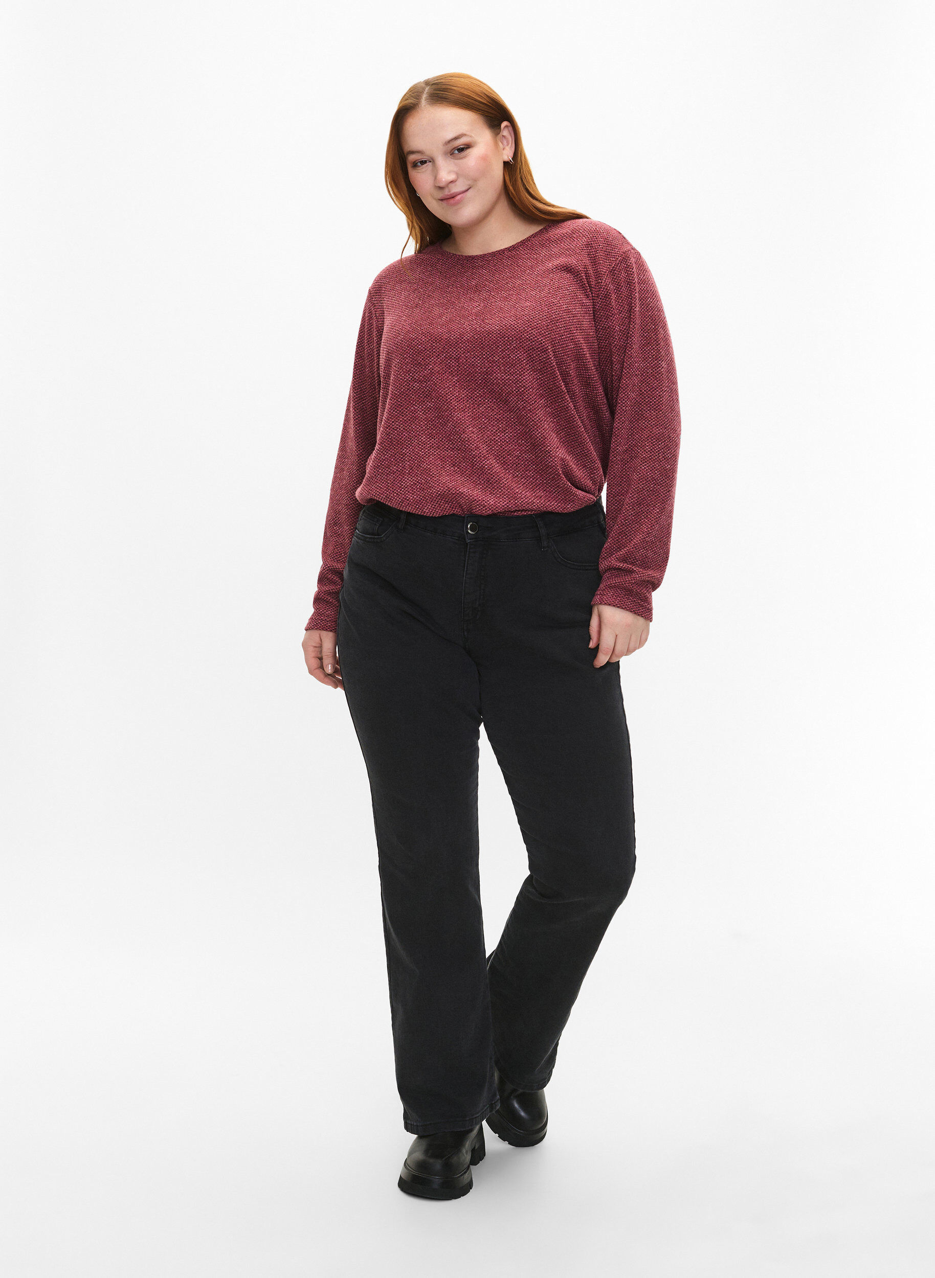 Zizzi Melange Bluse med rund hals og lange ermer, Dry Rose, Model image number 2