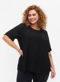 Bluse med halvlange ermer i viskose, Black, Model