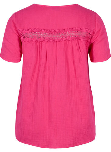 Kortermet bomullsbluse med blonder, Beetroot, Packshot image number 1