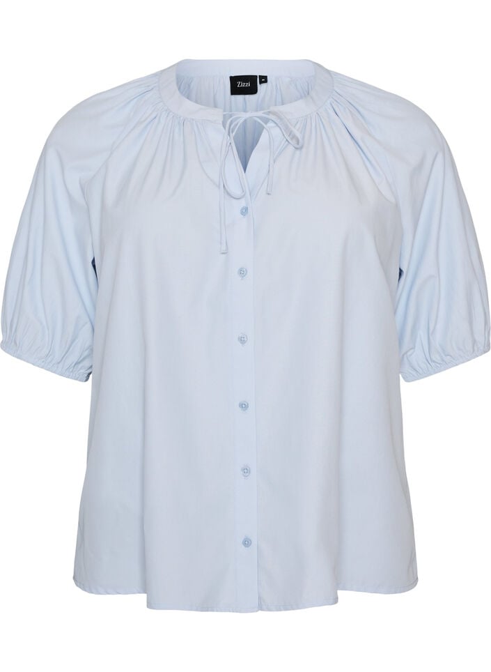 Skjortebluse med knappelukking og knytebelte, Bl&aring;, Packshot image number 0
