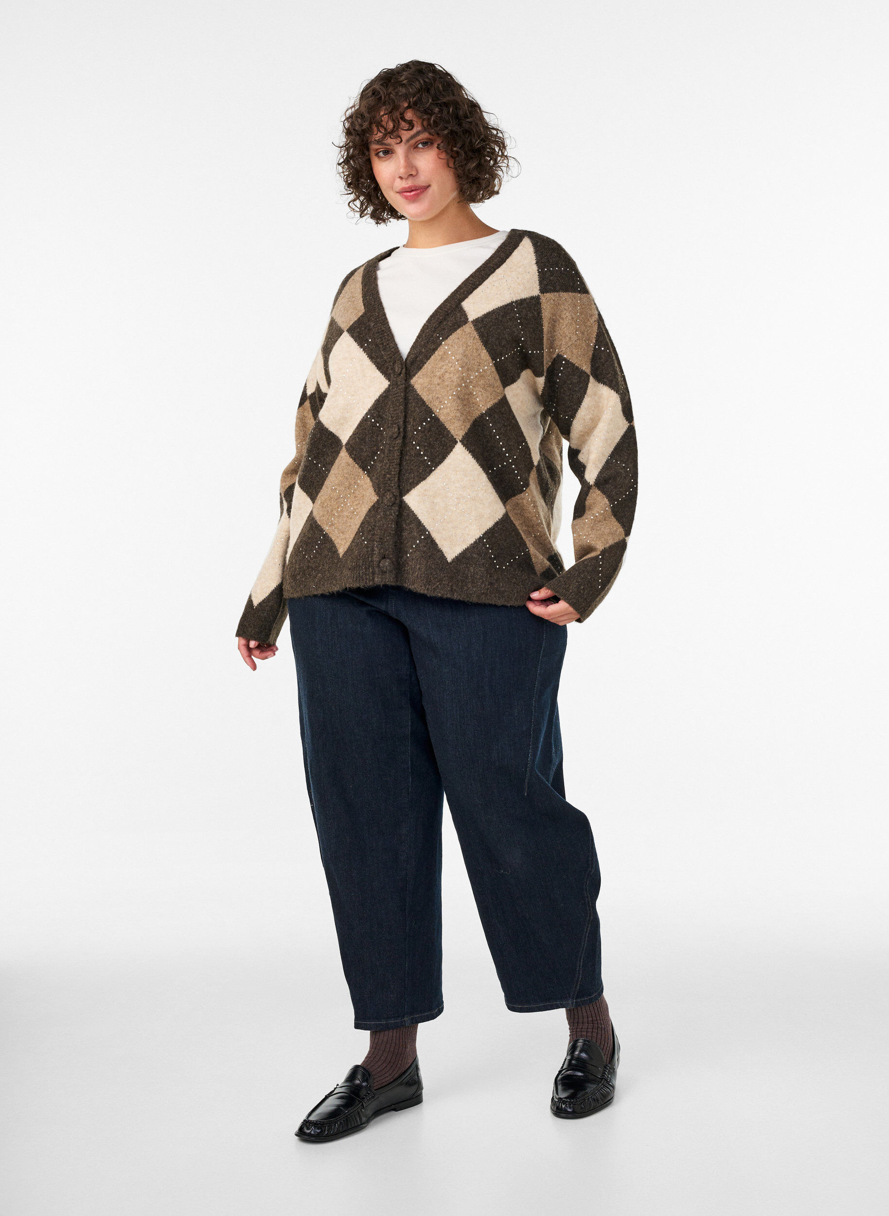 ZizziArgyle cardigan med rhinesteiner, Brun, Model image number 1