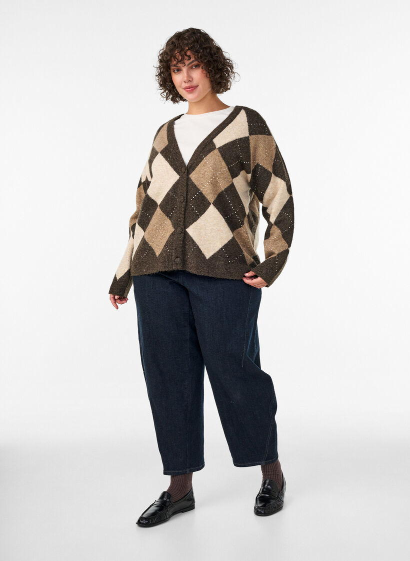 Argyle cardigan med rhinesteiner, Brun, Model image number 1