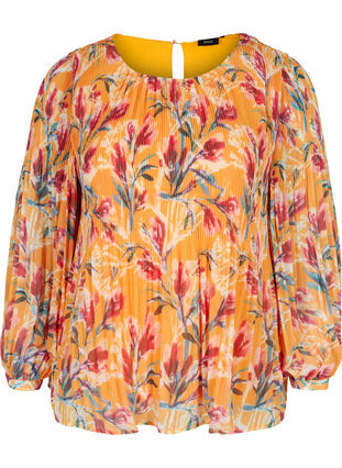 Blomstrete bluse i plissé, Cadmium Yellow AOP, Packshot image number 0