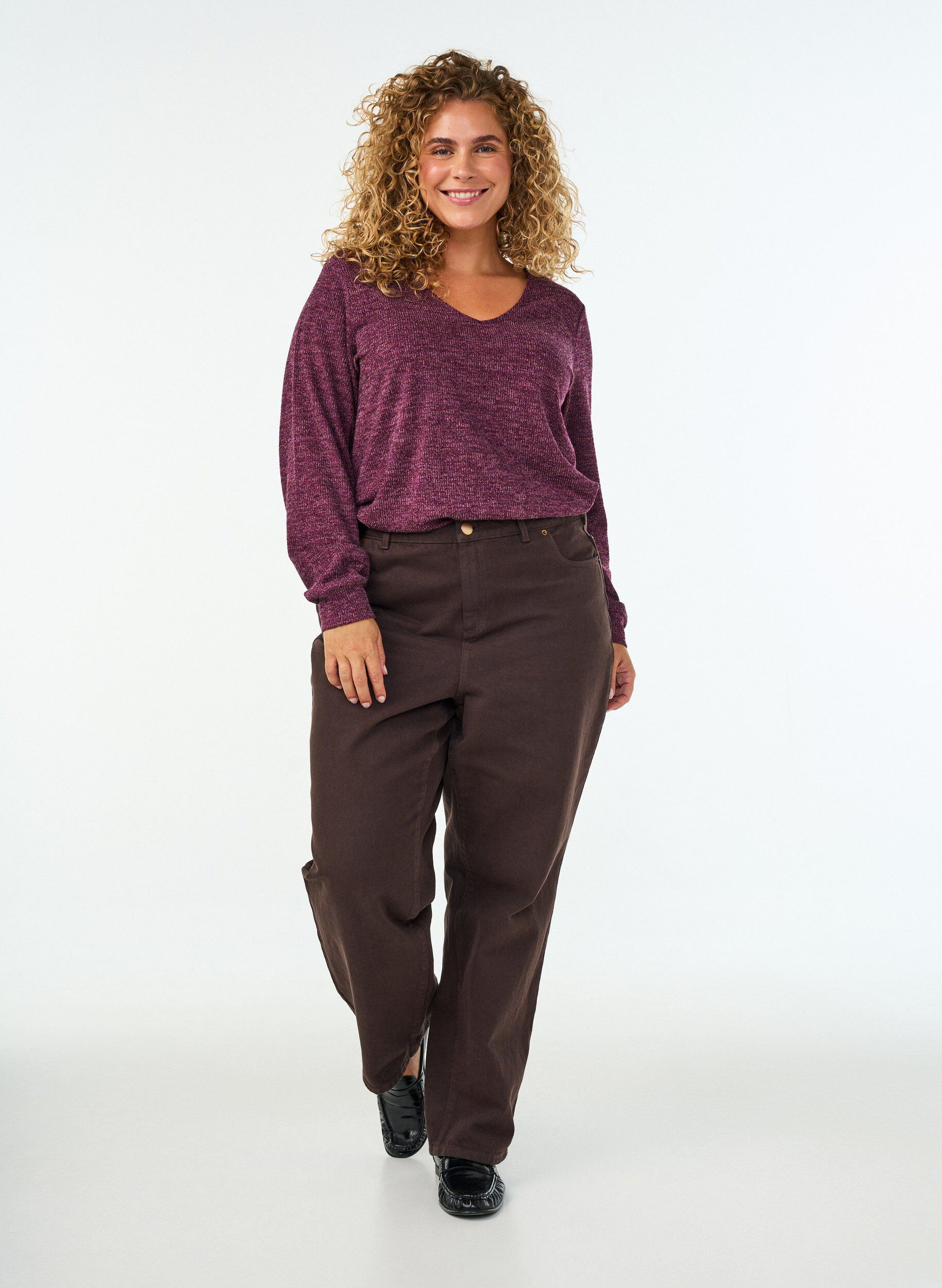 ZizziJerseybluse med V-hals og lange ermer, M&oslash;rk Bordeaux, Model image number 1