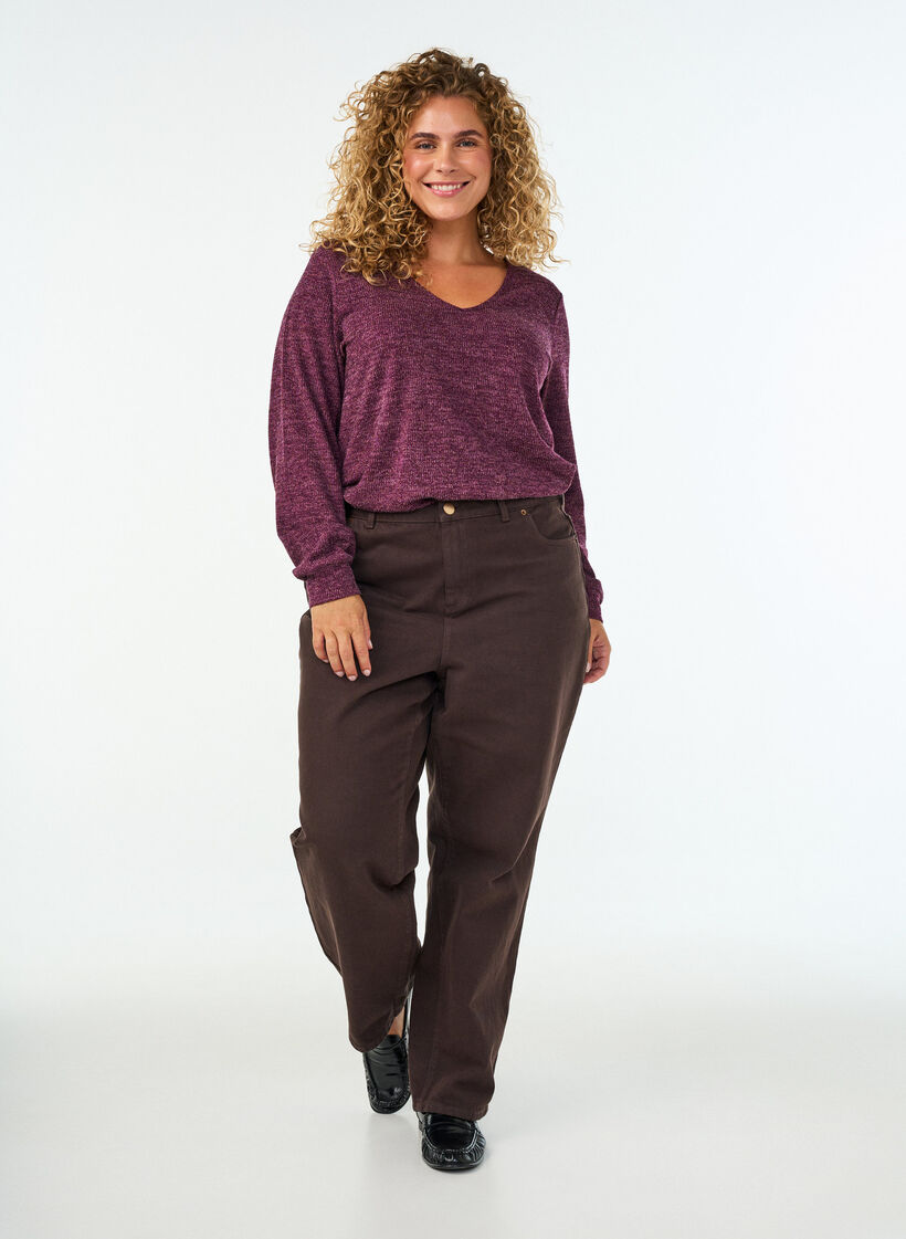 Jerseybluse med V-hals og lange ermer, M&oslash;rk Bordeaux, Model image number 1