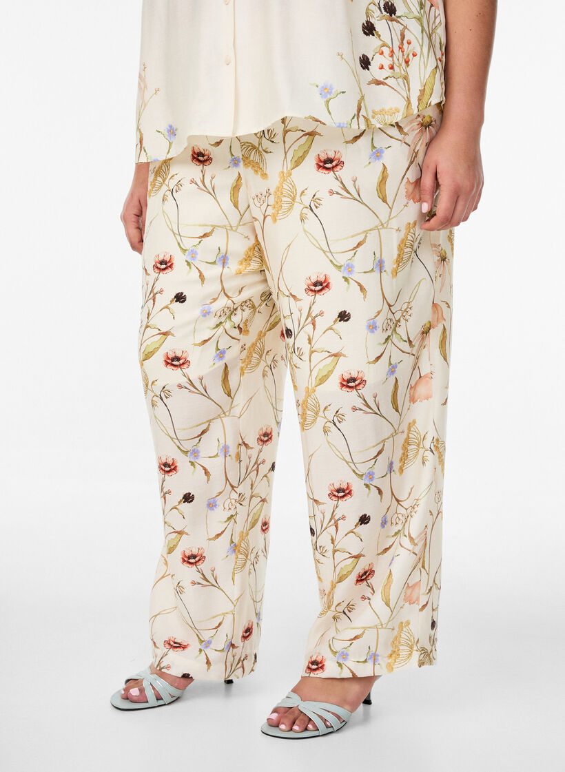 H&oslash;y midje viskosebukser med blomstertrykk, Beige, Model
