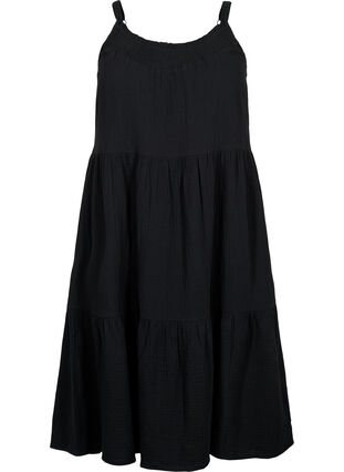 Ensfarget kjole i bomull med stropper, Black, Packshot image number 0