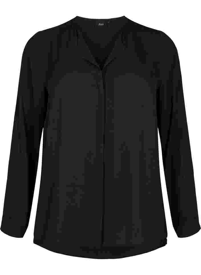 Ensfarget skjorte med V-hals, Black, Packshot image number 0
