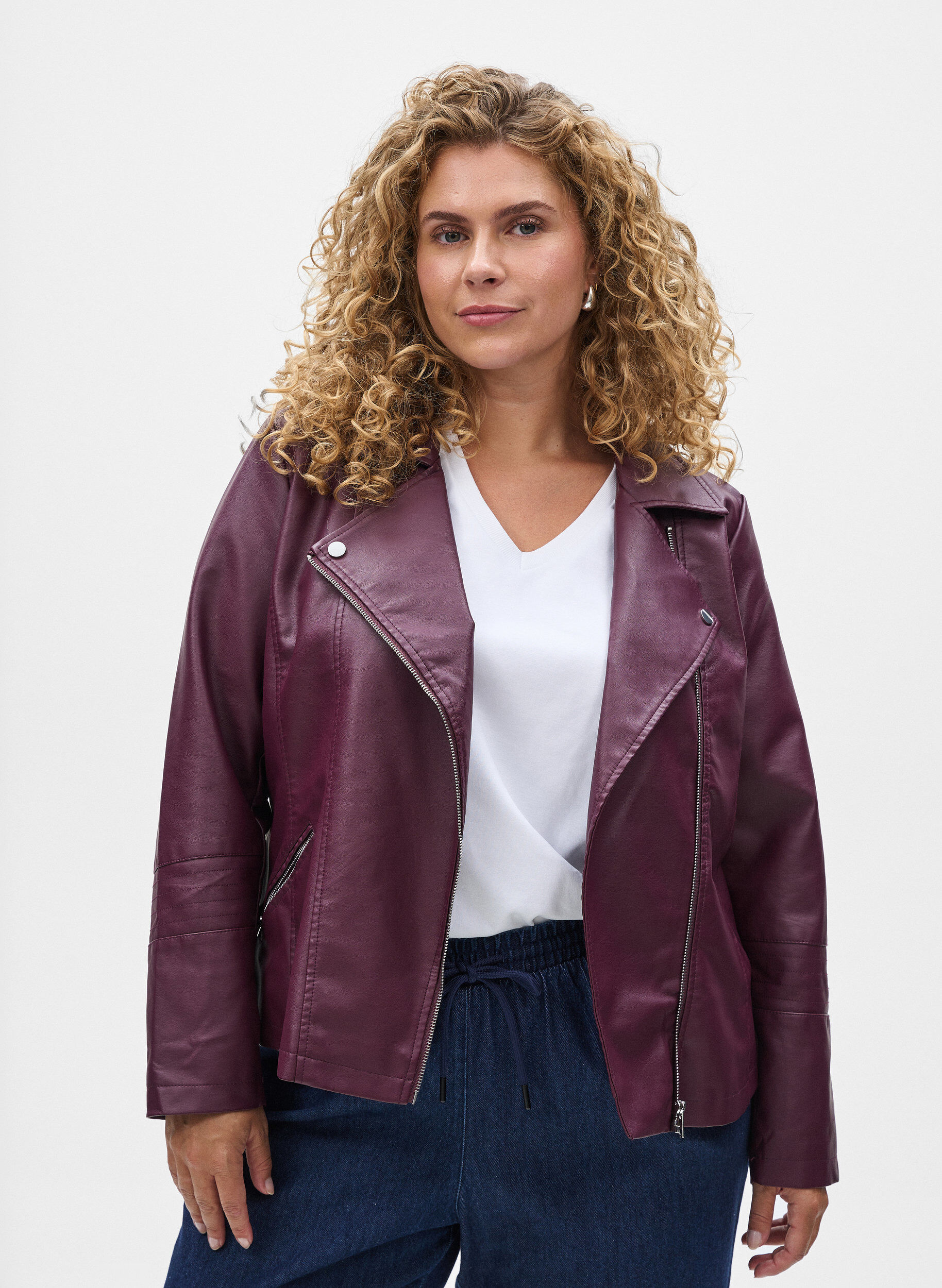 Imitert skinn bikerjakke, M&oslash;rk Bordeaux, Model