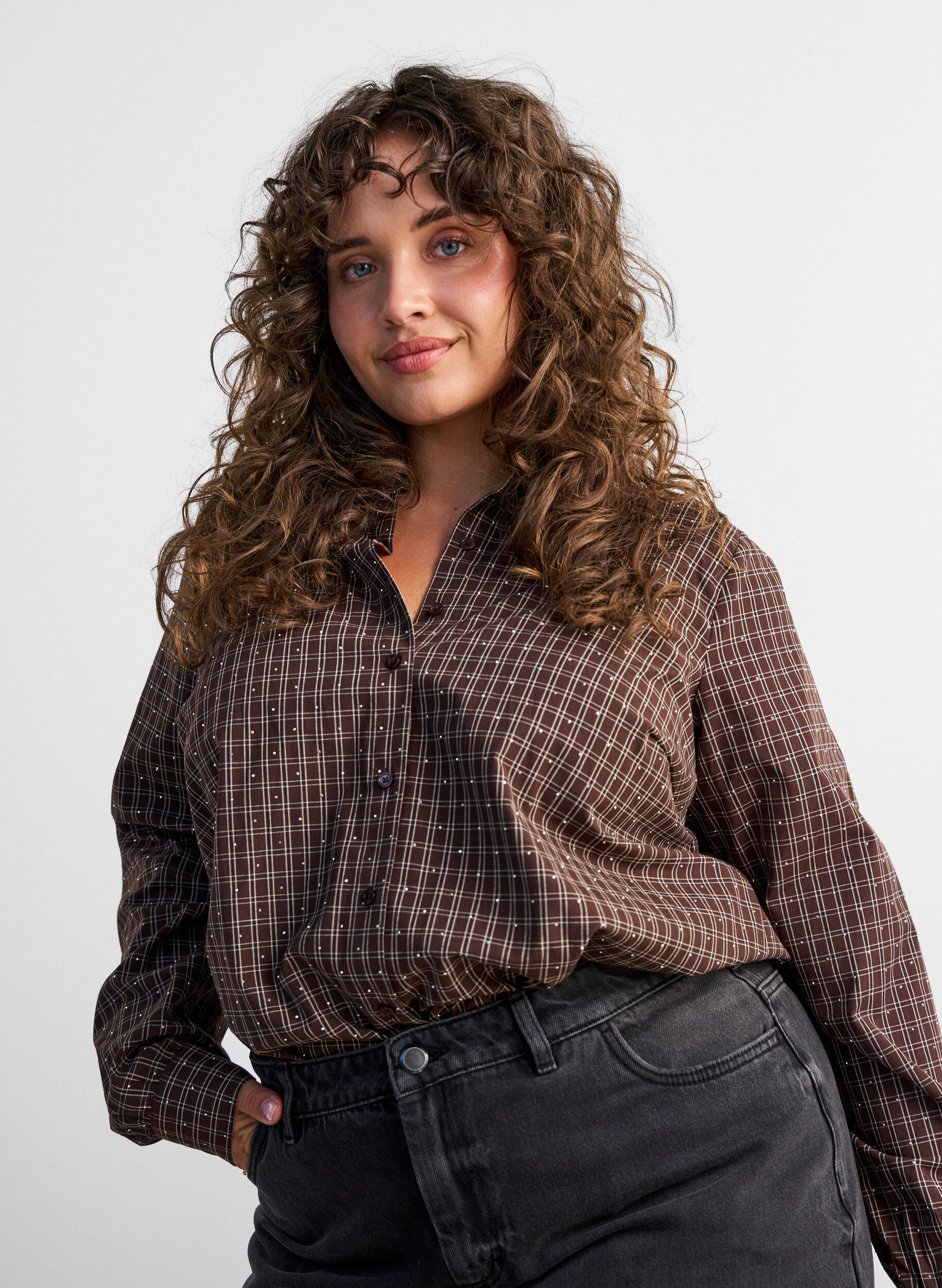 ZizziRutete skjorte med rhinesteiner, Brun, Model image number 3