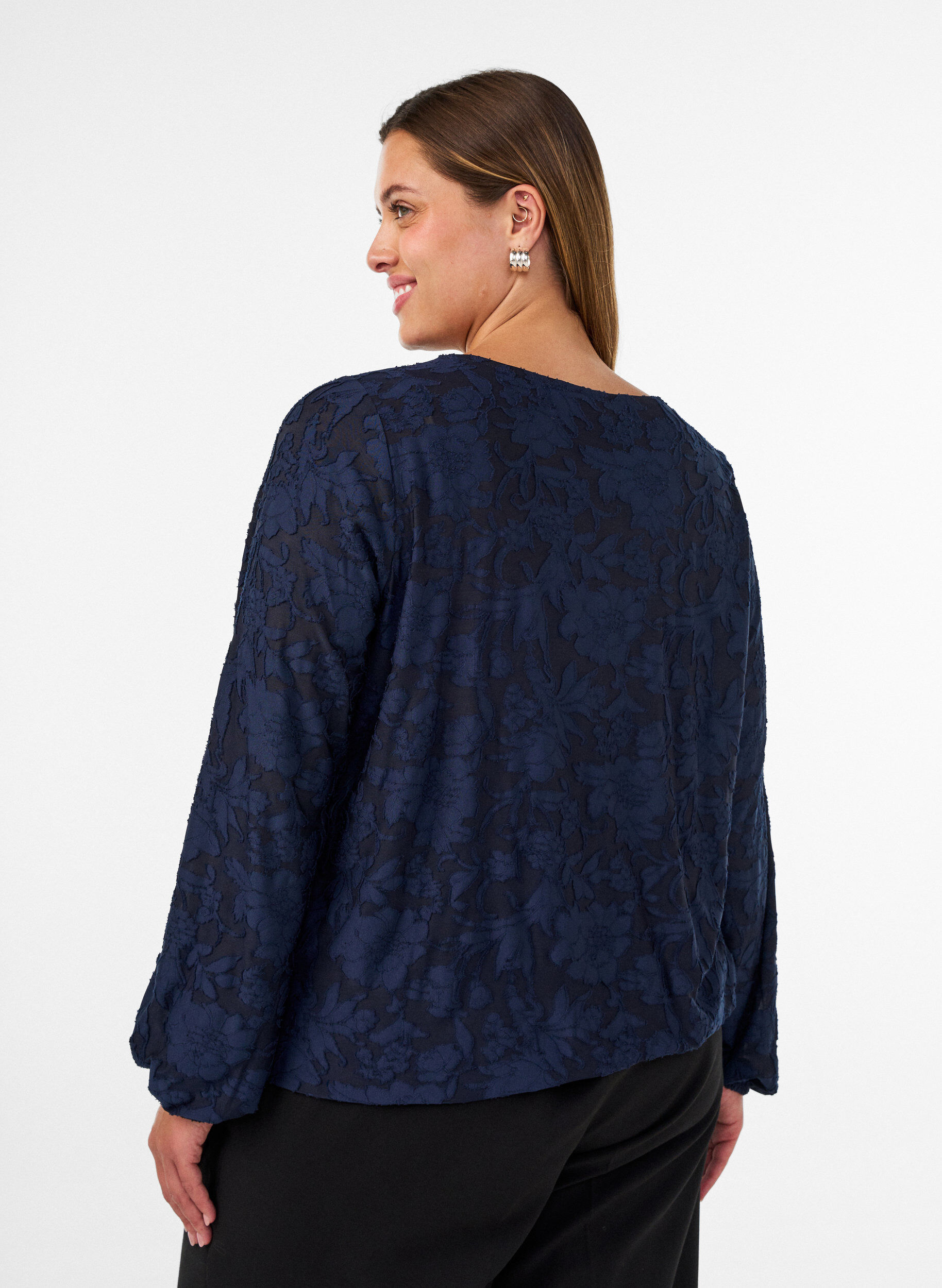 ZizziGjennomsiktig bluse med blomstertekstur og lange ermer, Bl&aring;, Model image number 2
