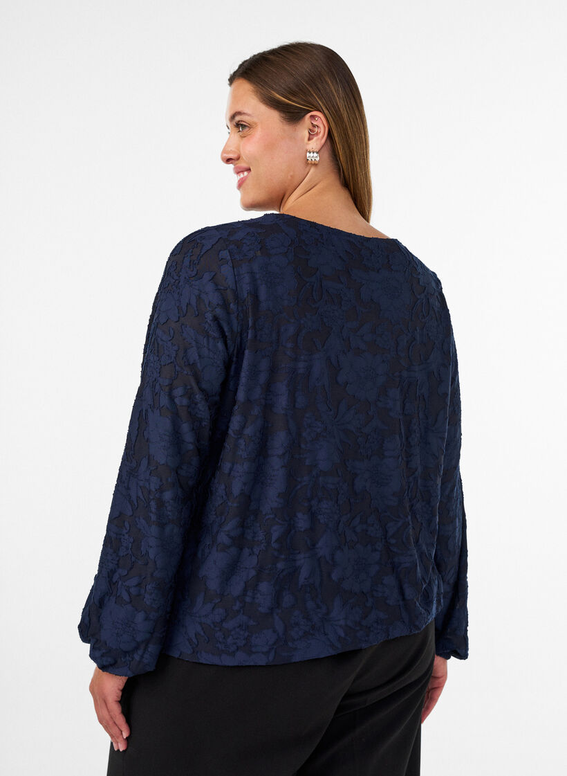 Gjennomsiktig bluse med blomstertekstur og lange ermer, Bl&aring;, Model image number 2