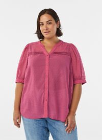 Kortermet skjortebluse med prikket tekstur, Rosa Kortermet skjortebluse med prikket tekstur, Rosa, Model