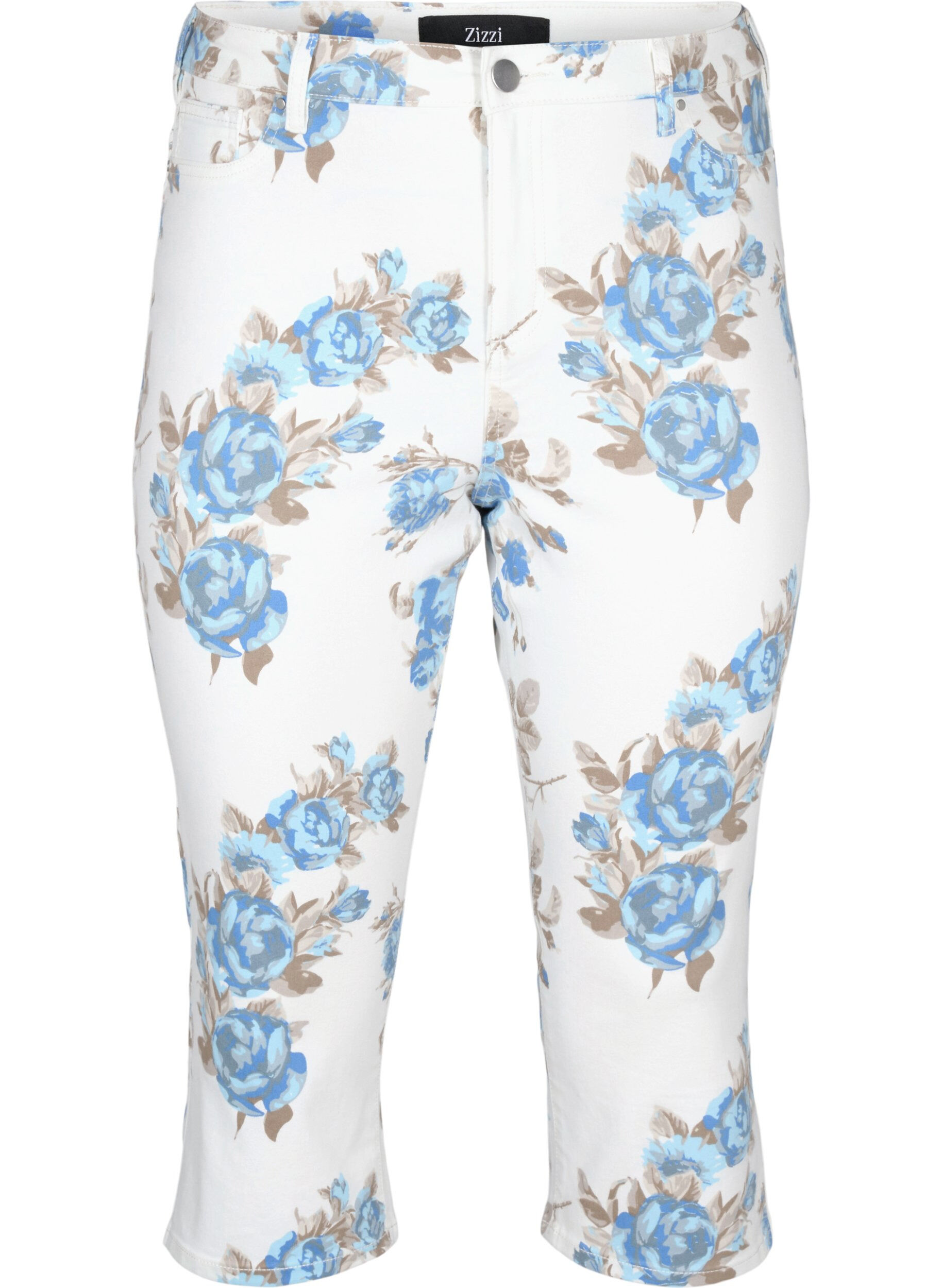 Zizzi Amy Capri-jeans med h&oslash;y midje og blomsterm&oslash;nster, White B.AOP, Packshot image number 0