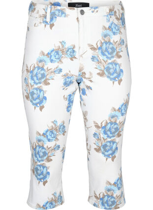 Zizzi Amy Capri-jeans med høy midje og blomstermønster, White B.AOP, Packshot image number 0