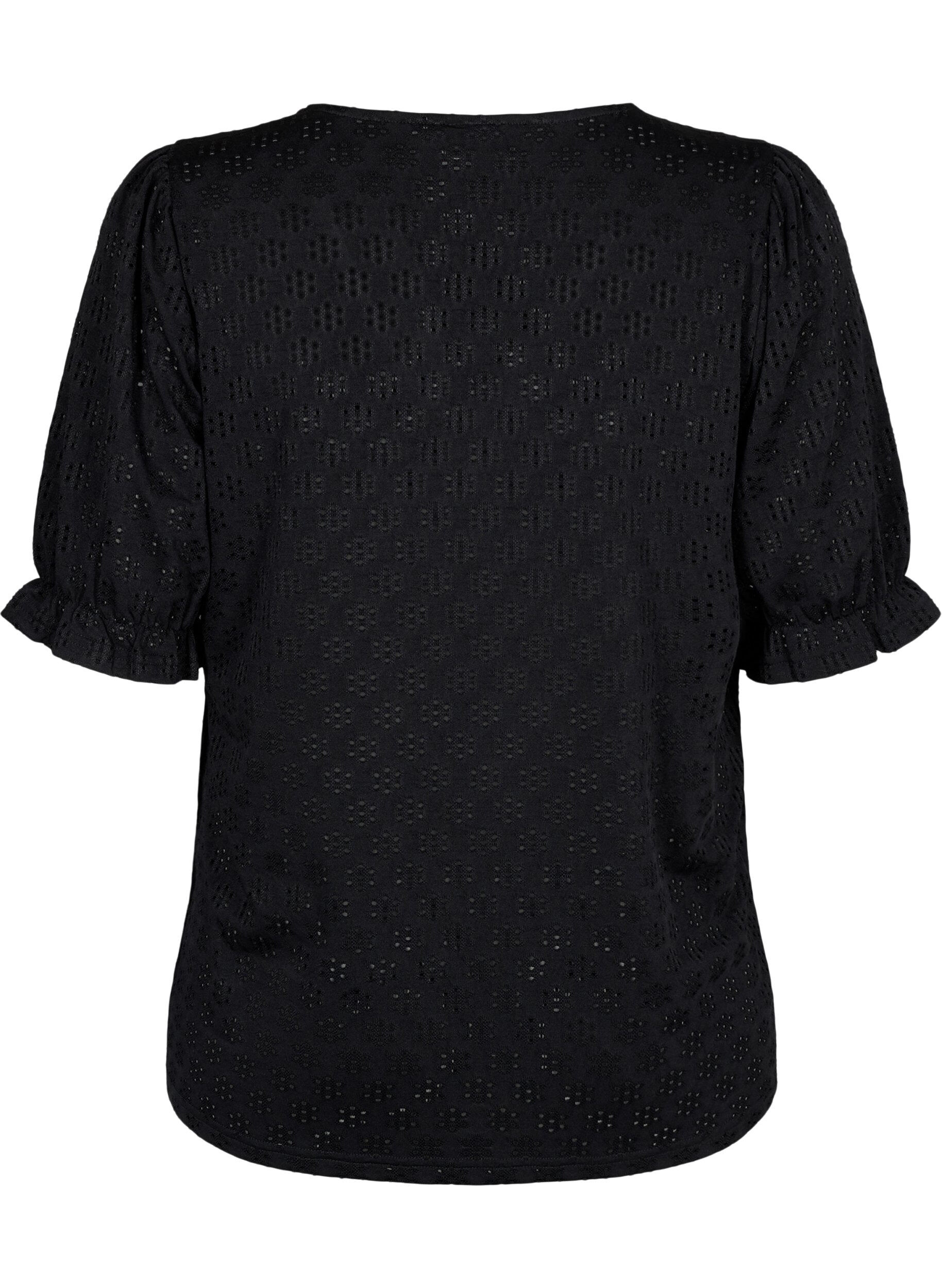 Zizzi Bluse med V-hals og hullm&oslash;nster, Black, Packshot image number 1