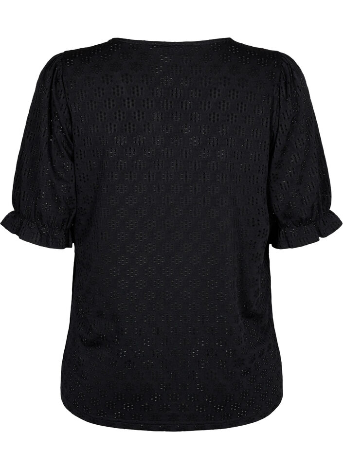 Bluse med V-hals og hullm&oslash;nster, Black, Packshot image number 1