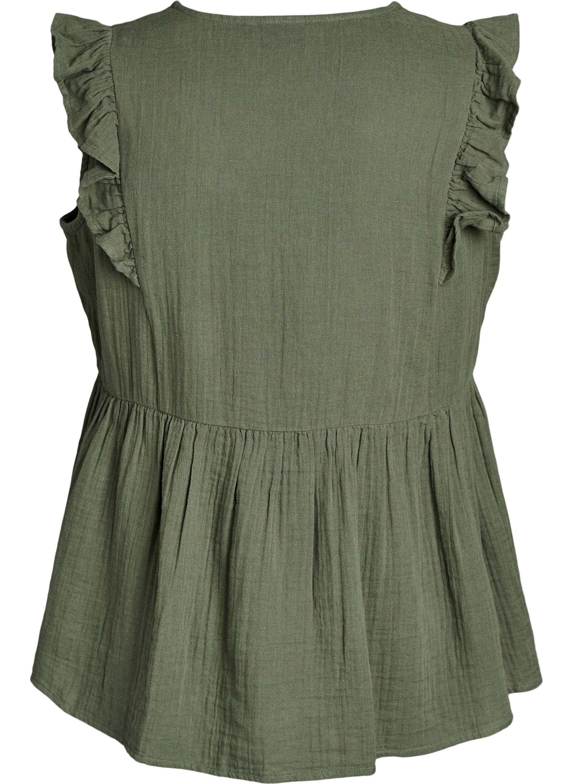 ZizziErmel&oslash;s bluse i bomullsmusselin med volanger, Gr&oslash;nn, Packshot image number 1