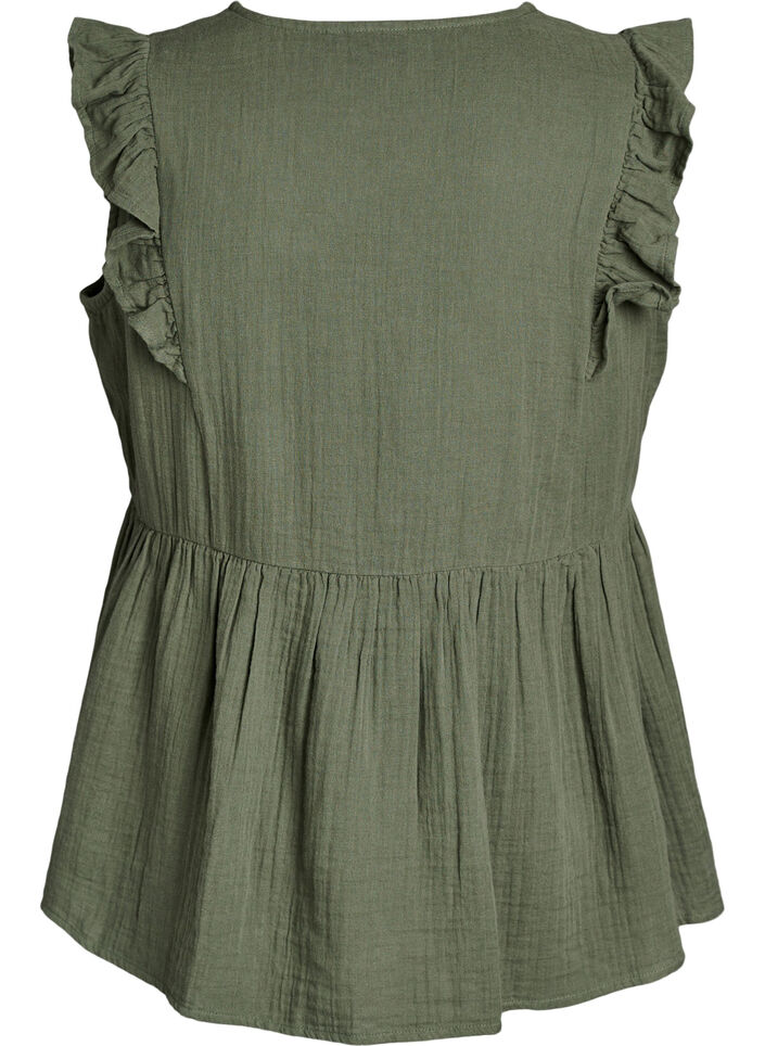 Ermel&oslash;s bluse i bomullsmusselin med volanger, Gr&oslash;nn, Packshot image number 1