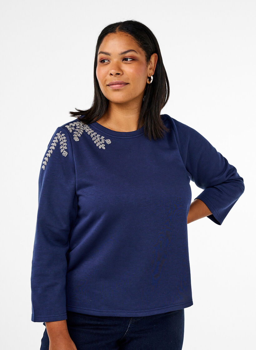 Kort genser med perledetaljer, Blå, Model image number 0
