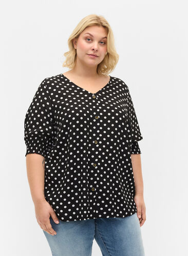 Mønstrete viskosebluse med knapper, Black Dot, Model image number 0