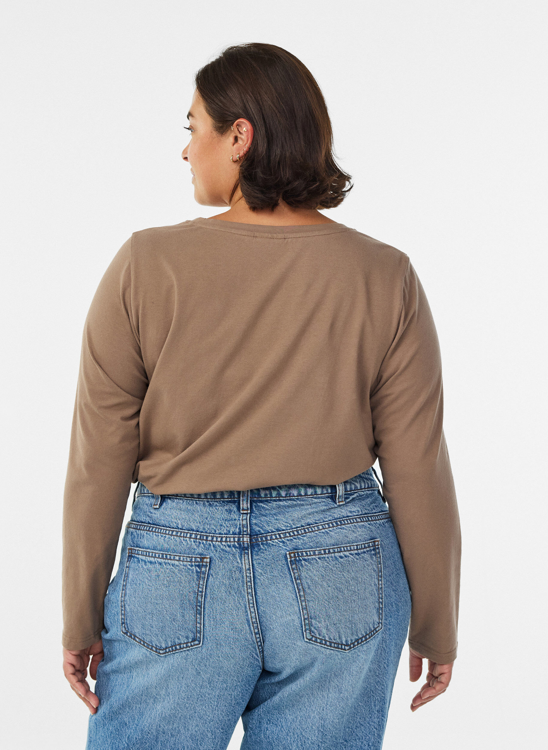 ZizziBasis jersey bluse med lange ermer, Brun, Model image number 2