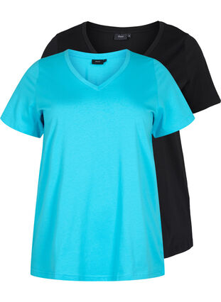 Basis T-skjorter i bomull 2 stk., Blue Atoll / Black, Packshot image number 0