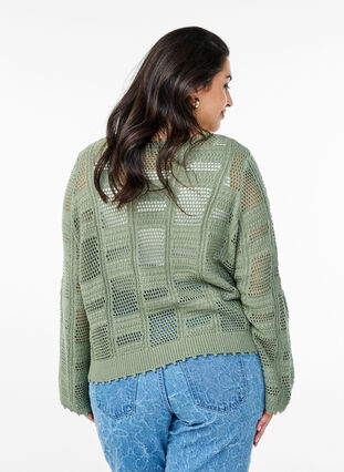 Zizzi Strikket cardigan med knytebånd og et åpent mønster, Grønn, Model image number 2
