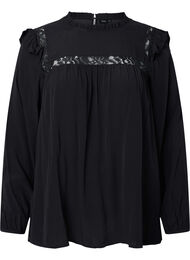 Viskosebluse med volanger og blonder, Black
