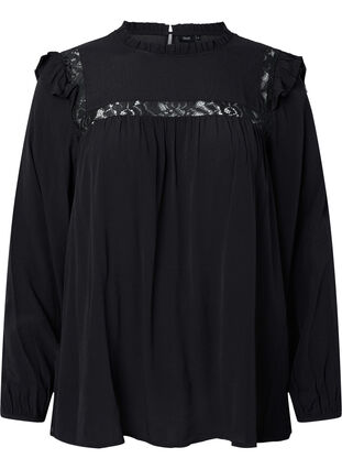 Viskosebluse med volanger og blonder, Black, Packshot image number 0