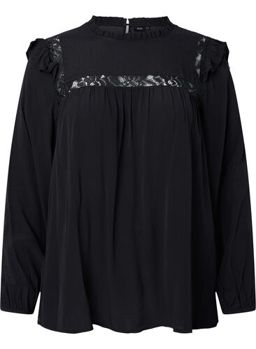 Viskosebluse med volanger og blonder, Black, Packshot image number 0