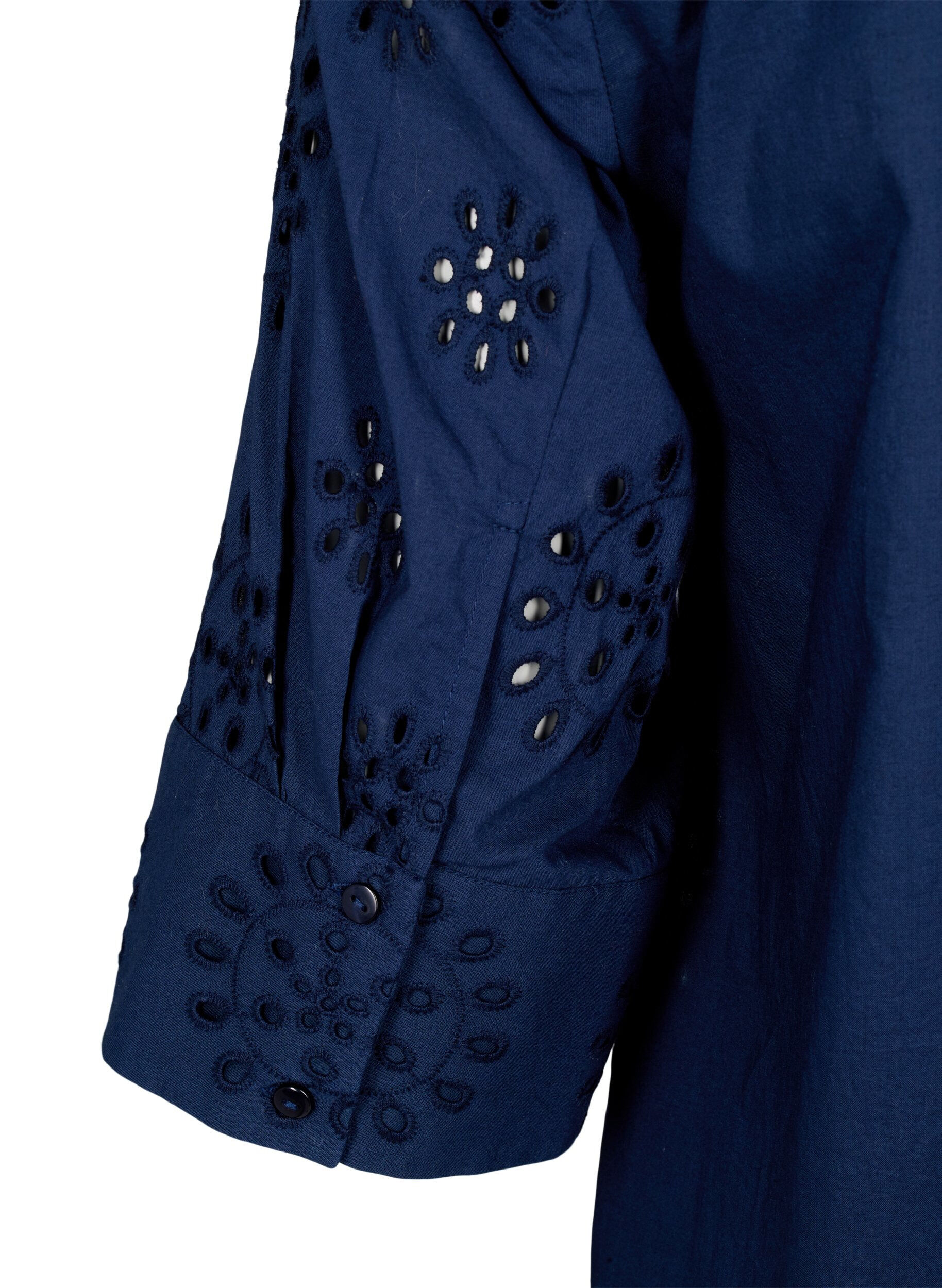 Zizzi Skjortebluse med engelsk broderi og 3/4-ermer, Navy Blazer, Packshot image number 3