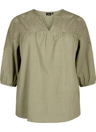 Bluse i bomullsblanding med lin og heklede detaljer, Deep Lichen Green