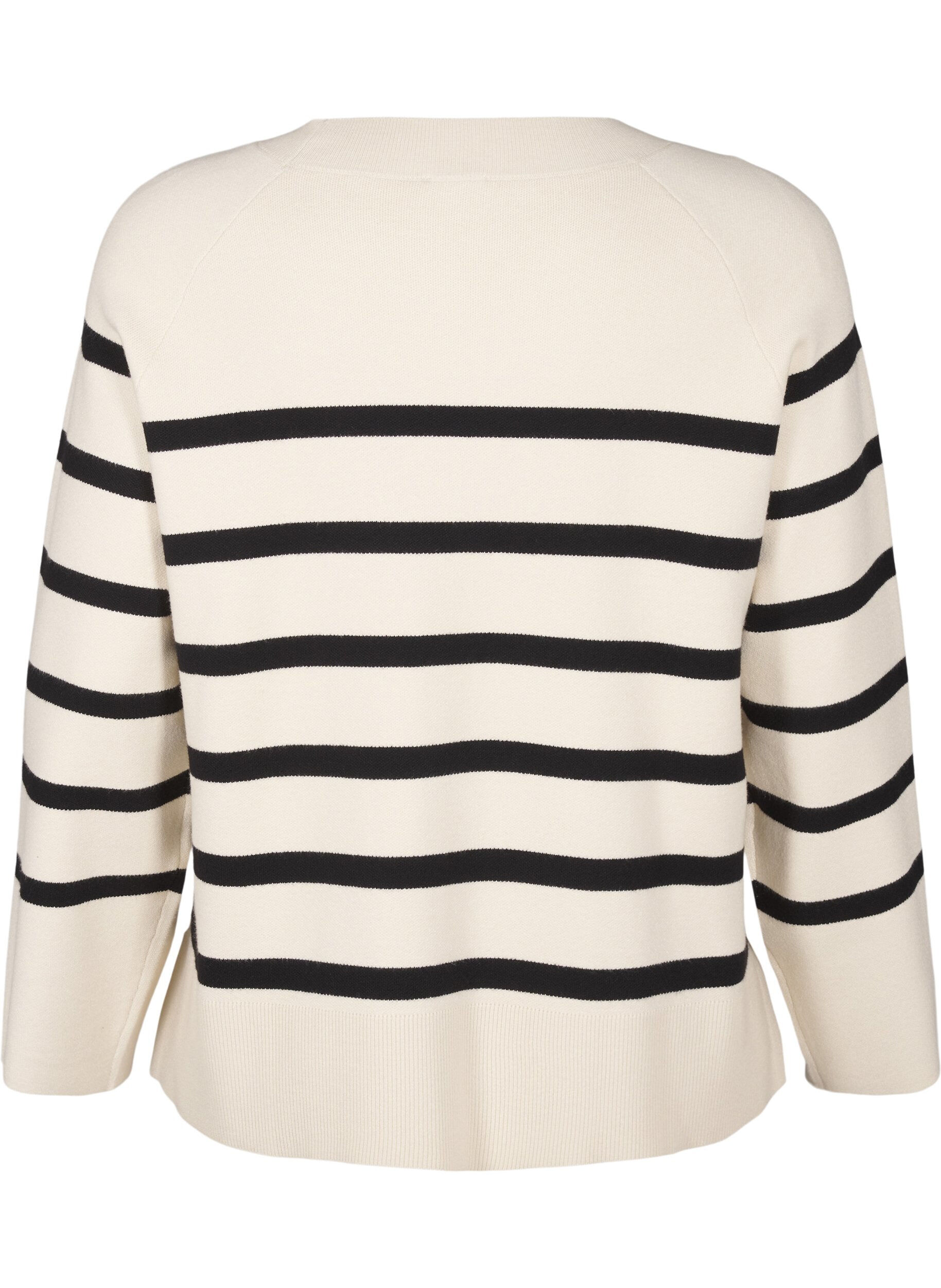 Zizzi Strikket bluse med rund hals og striper, Birch w. Black, Packshot image number 1