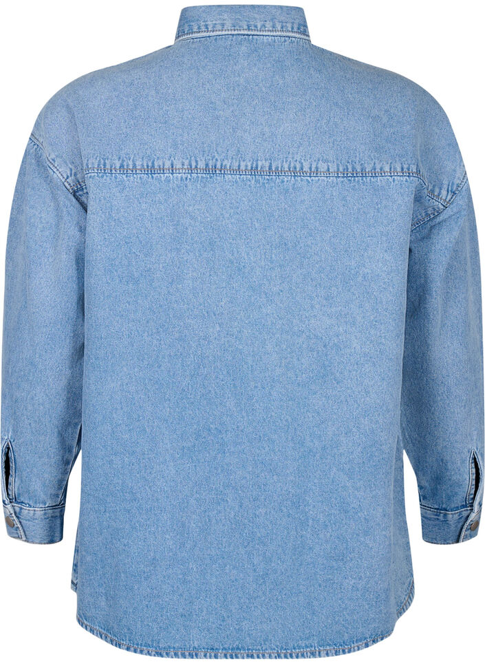 Løs jeansskjorte med brystlomme, Light blue denim, Packshot image number 1