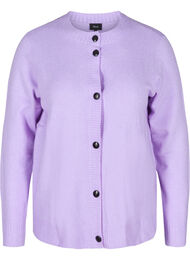 Kort strikket cardigan med kontrastfargede knapper, Purple Rose Mel.