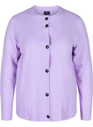 Kort strikket cardigan med kontrastfargede knapper, Purple Rose Mel., Packshot image number 0