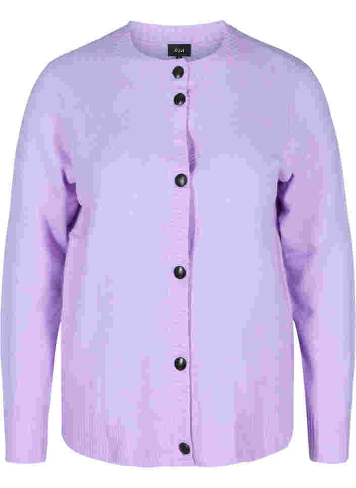Kort strikket cardigan med kontrastfargede knapper, Purple Rose Mel.