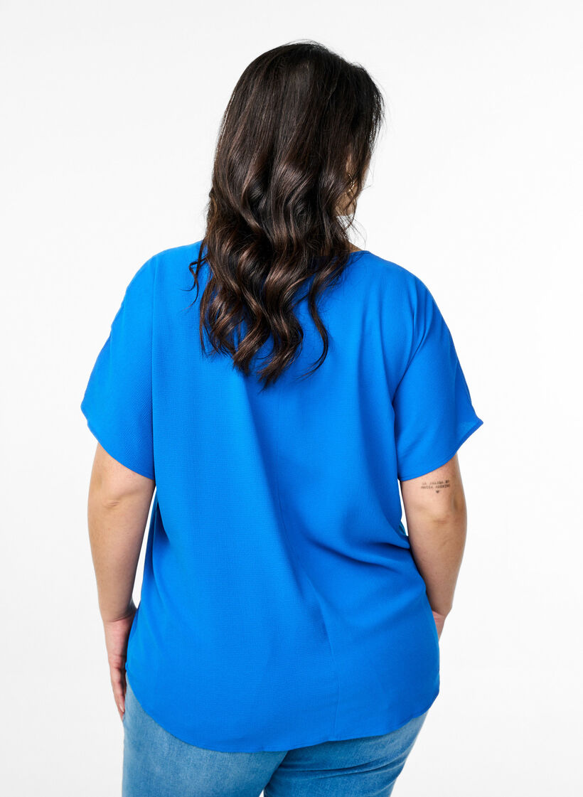 Bluse med korte ermer og rund hals, Bl&aring;, Model image number 2