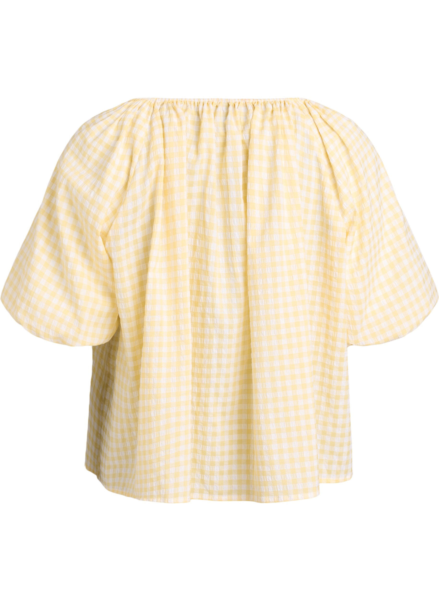 ZizziLiten rutete bluse med elastisk hals og albuelange ermer, Gul, Packshot image number 1