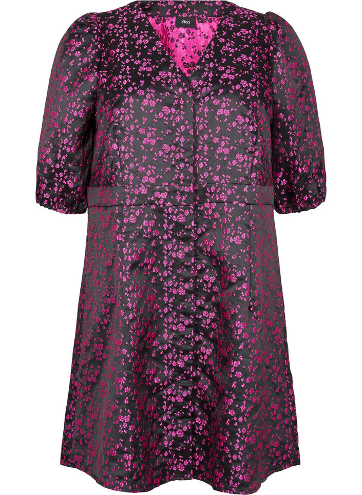 Knelang kjole med broderte blomster, Black Pink Flower, Packshot image number 0