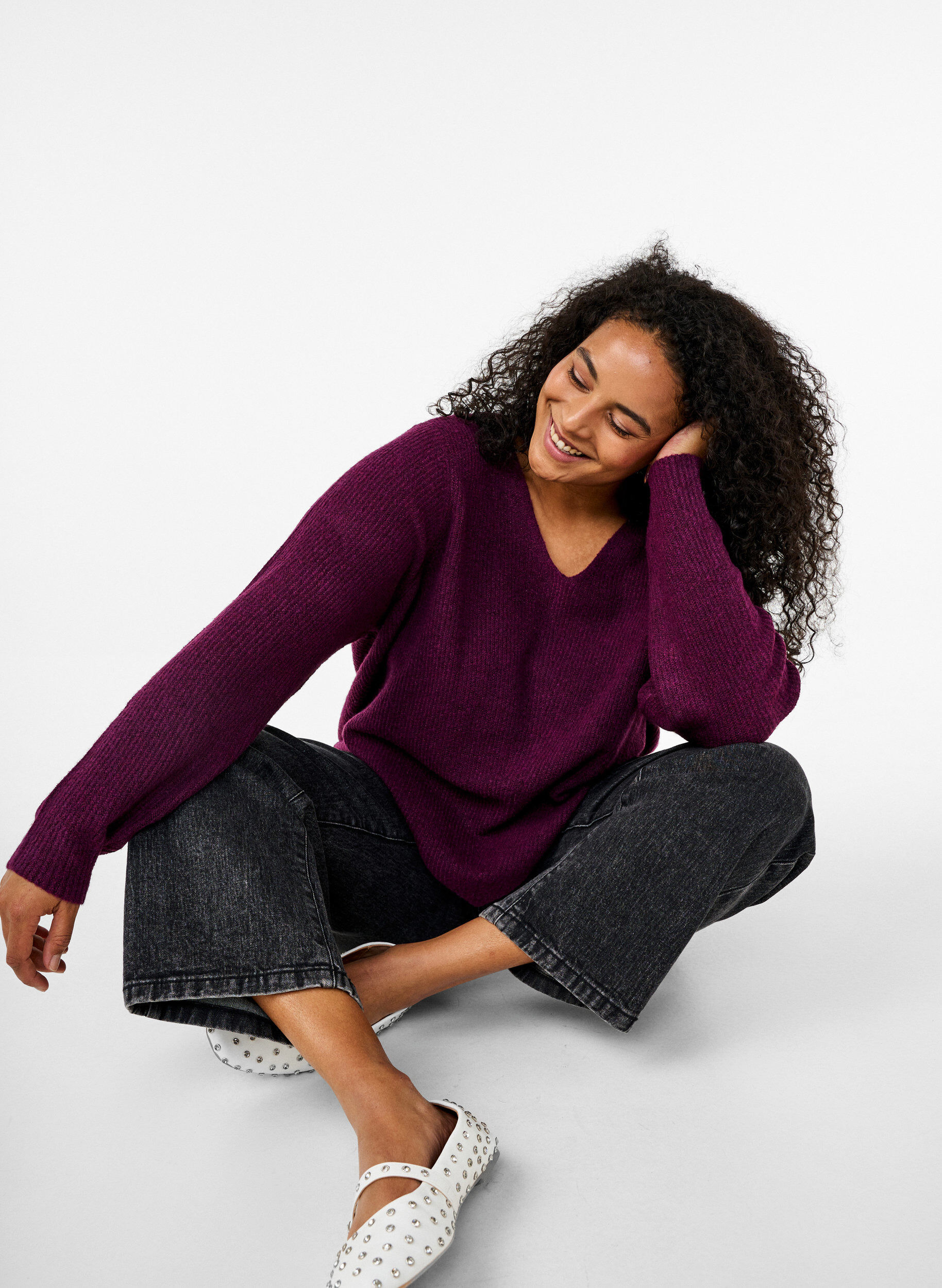 Zizzi Strikket bluse med v-hals og lange ermer, Potent P. Black Mel., Image image number 0