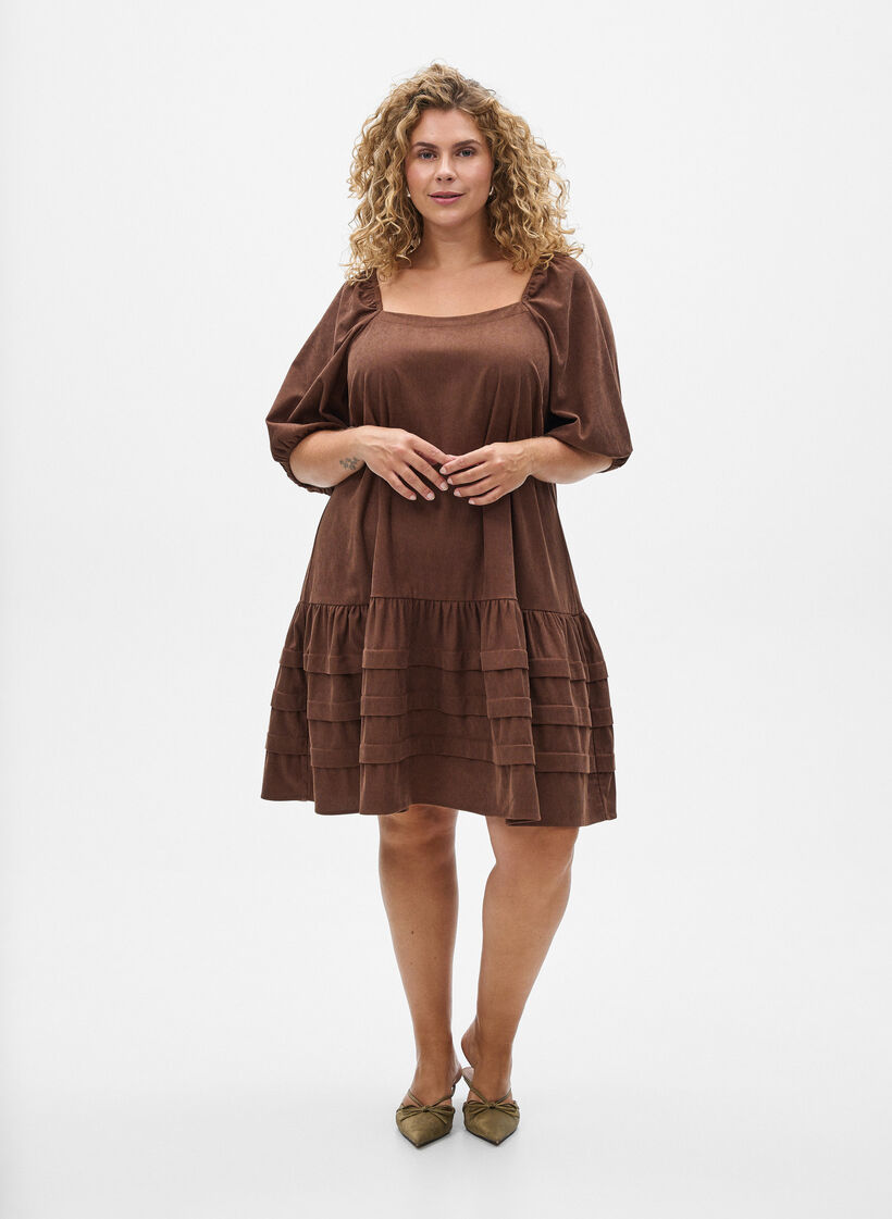 Kort cordfløyelskjole med firkantet halslinje, Brun, Model image number 1