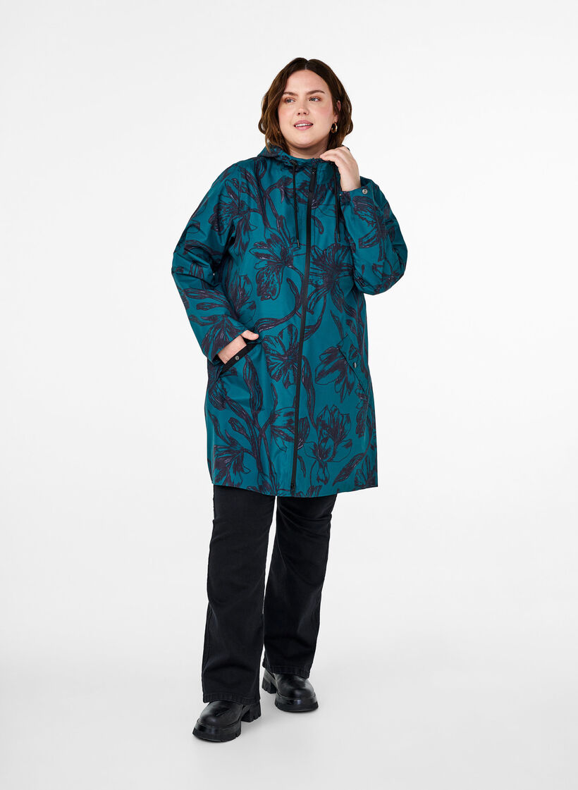 Regnjakke med print, Deep Teal Black, Model image number 2