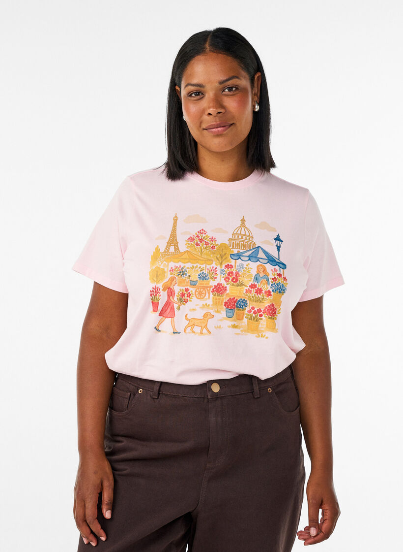 T-skjorte i &oslash;kologisk bomull med fronttrykk, Rosa, Model image number 0