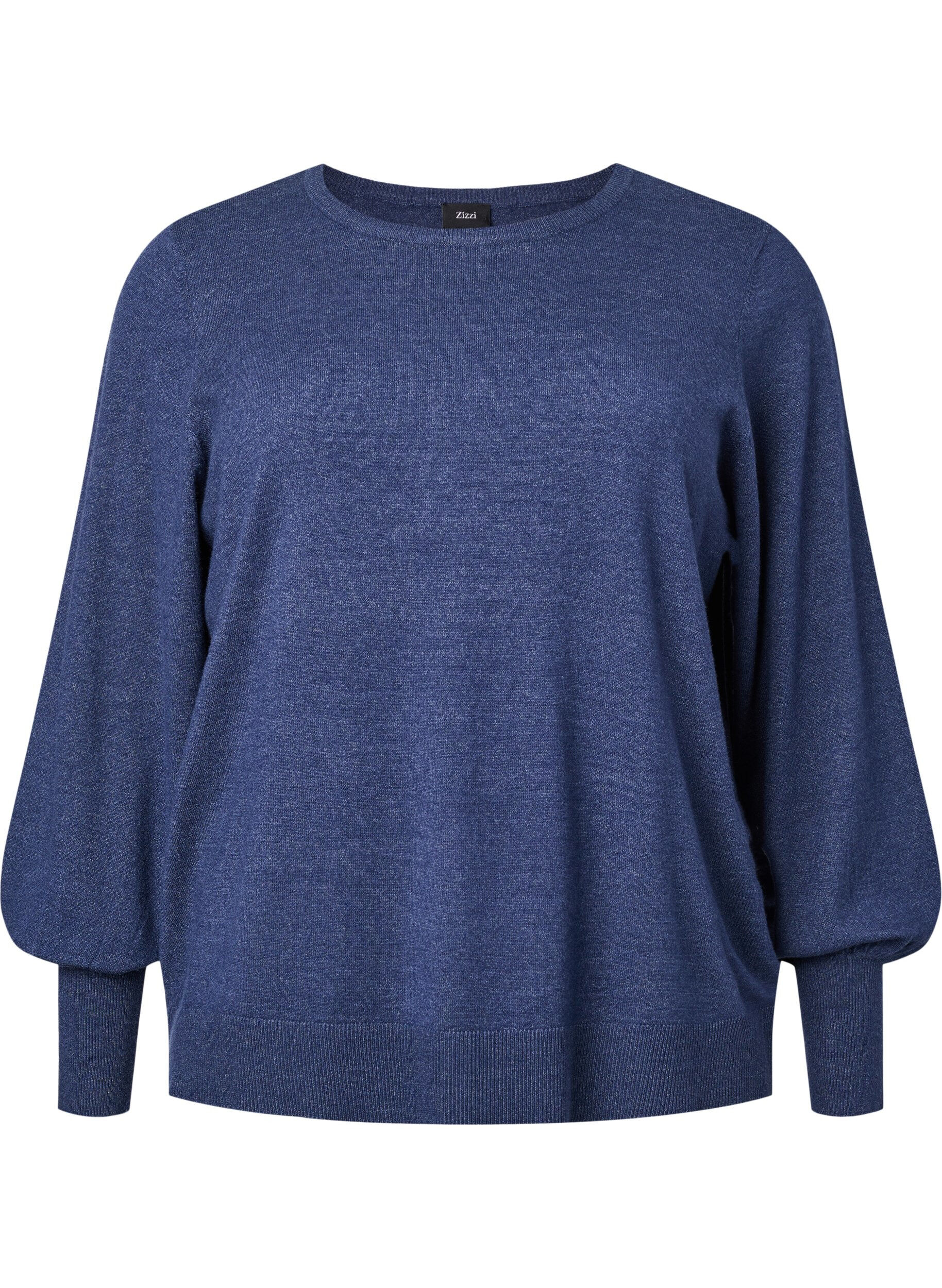 Zizzi Strikkegenser med viskose og ballongermer, Dress Blues Mel., Packshot image number 0